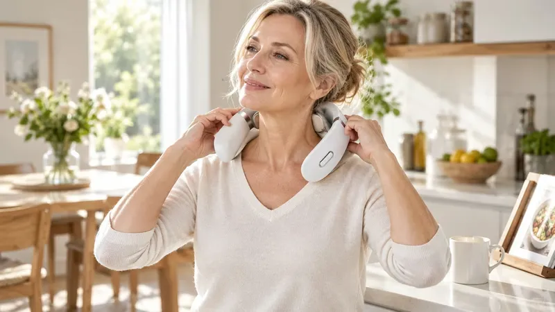 A woman positioning the RelaxNecker collar around her neck at home