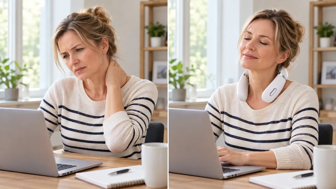 Illustrative split scene of a woman at her desk, then wearing the RelaxNecker collar