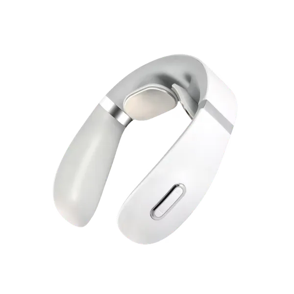 White RelaxNecker cordless neck massager with metal contact plates and an on-device control